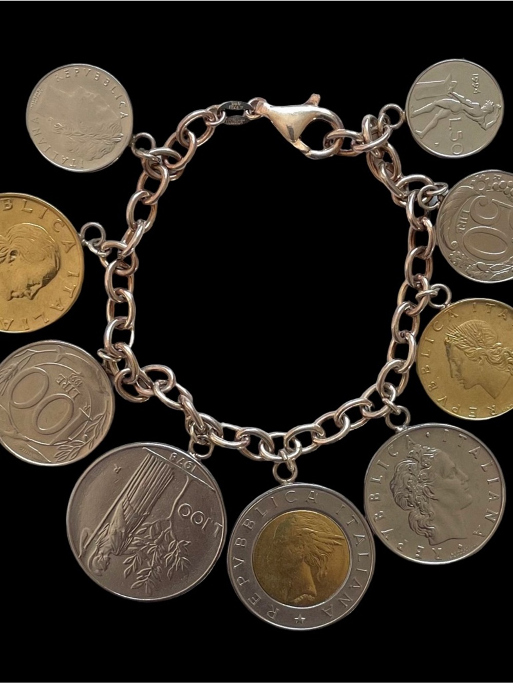 Vintage Signed MILOR Sterling Silver Italian Coin Charm Bracelet